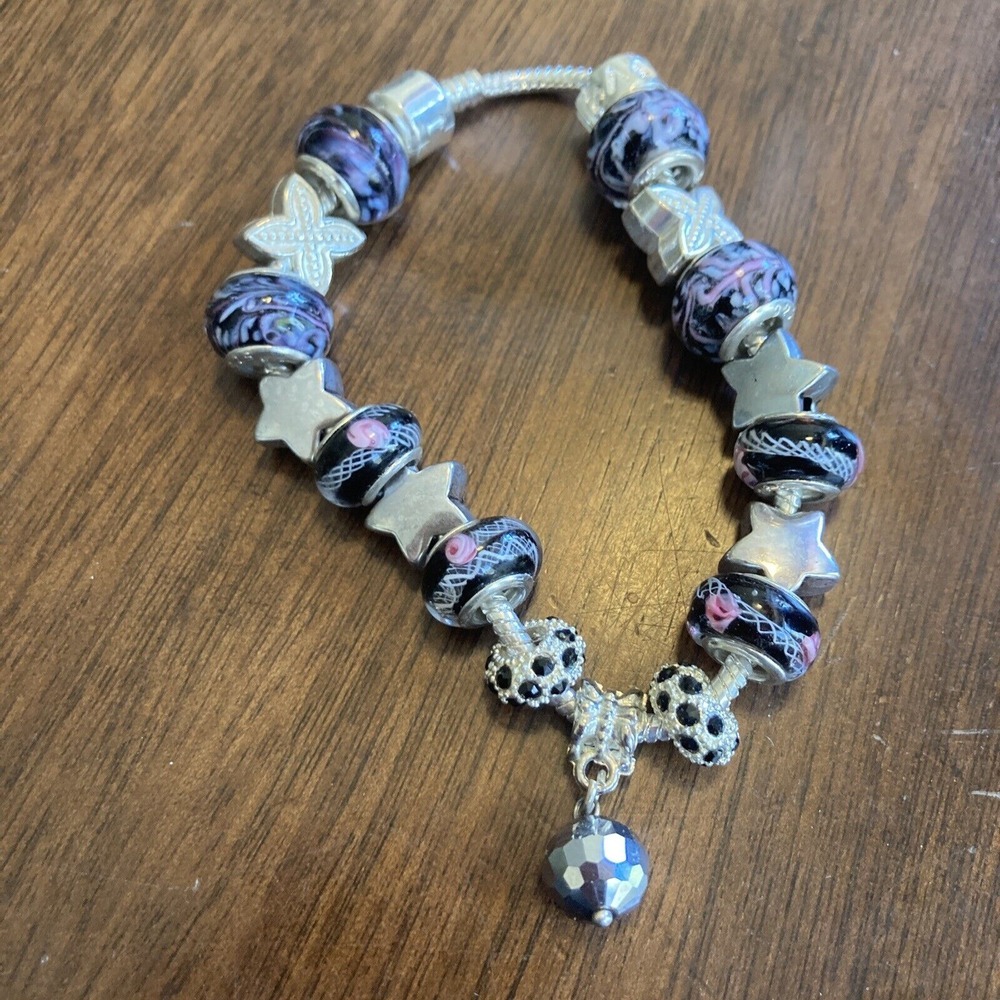Lampworks Purple Charm Bracelet‎ with .925 Silver and Glass Beads H1